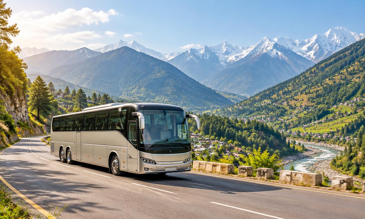 Luxury coach travelling through a Himalayan valley