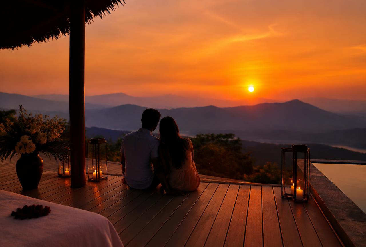 Couple watching the sunset from a private mountain villa deck