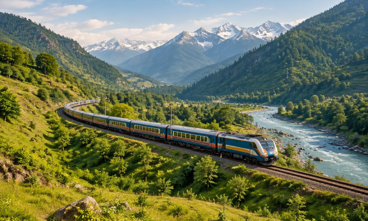 Passenger train travelling through a green mountain valley